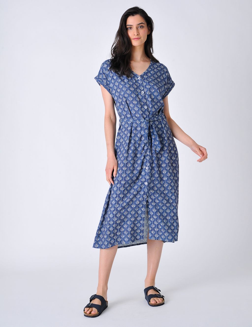 Linen Blend Printed V-Neck Midi Tea Dress image 1