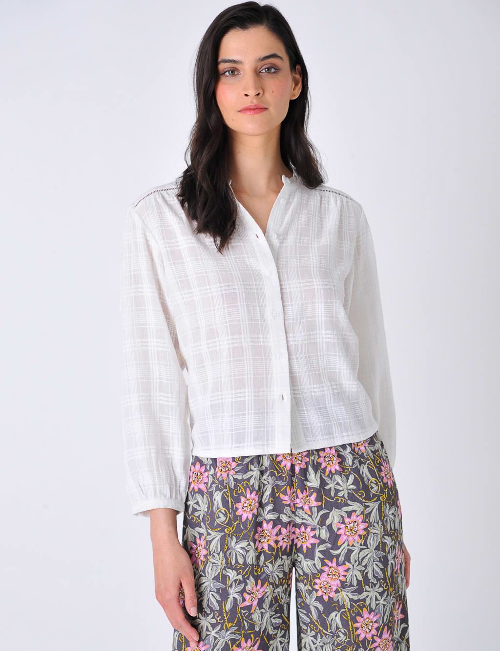 Pure Cotton Checked Crew Neck Blouse image 1