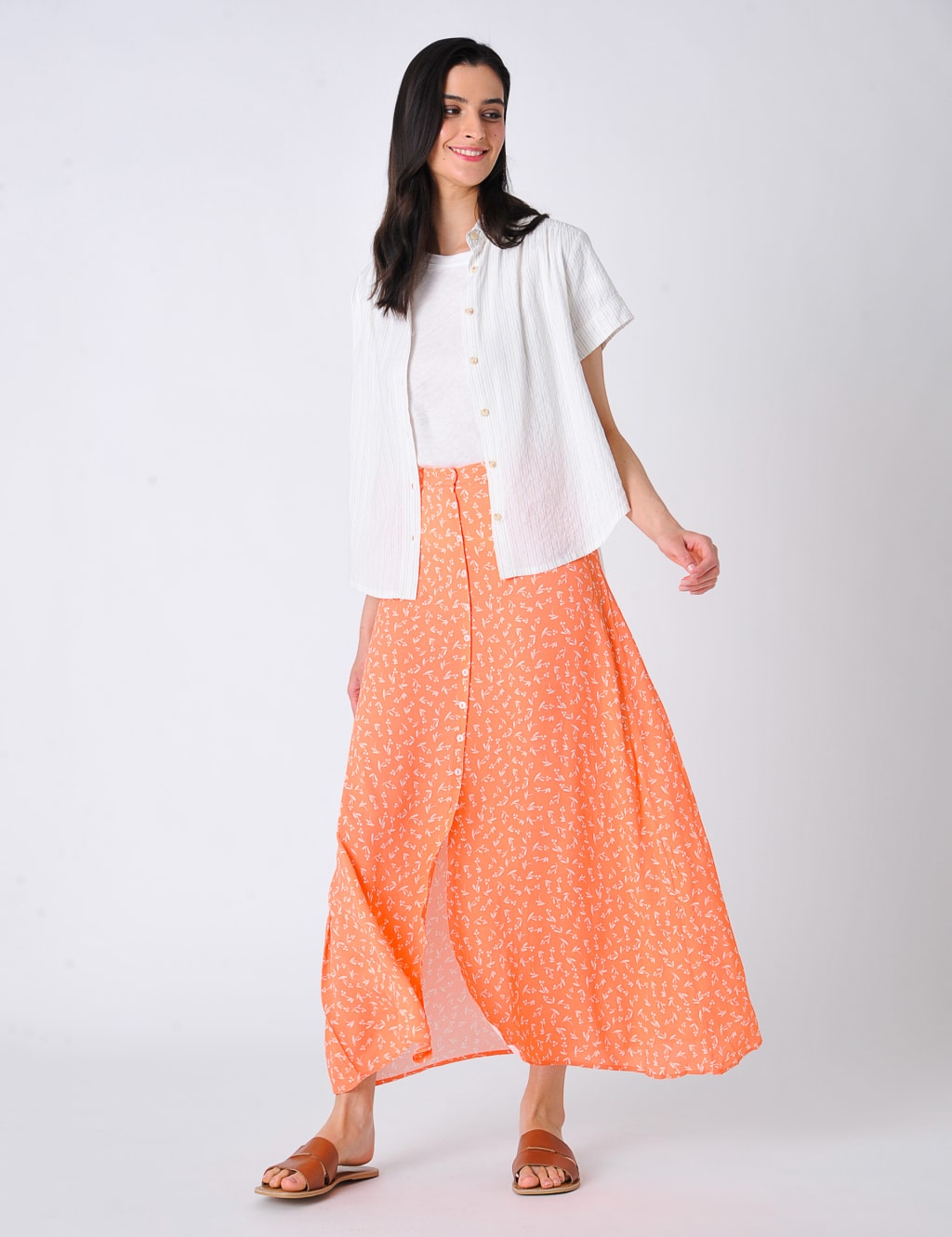 Printed Button Front Midi A-Line Skirt image 1