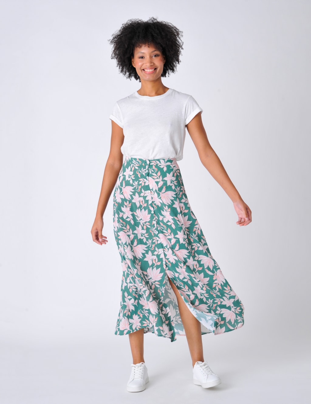 Floral Button Front Midi A-Line Skirt image 1