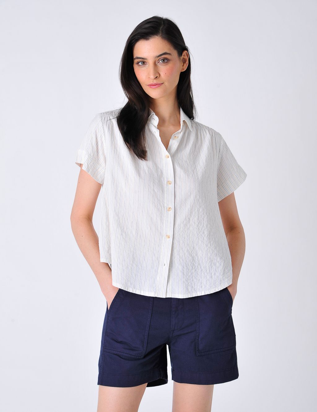 Cotton Blend Striped Smocked Shirt image 1