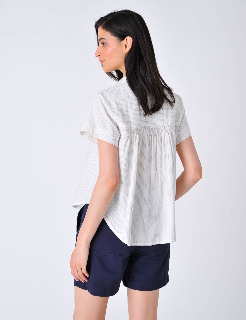Cotton Blend Striped Smocked Shirt image 3