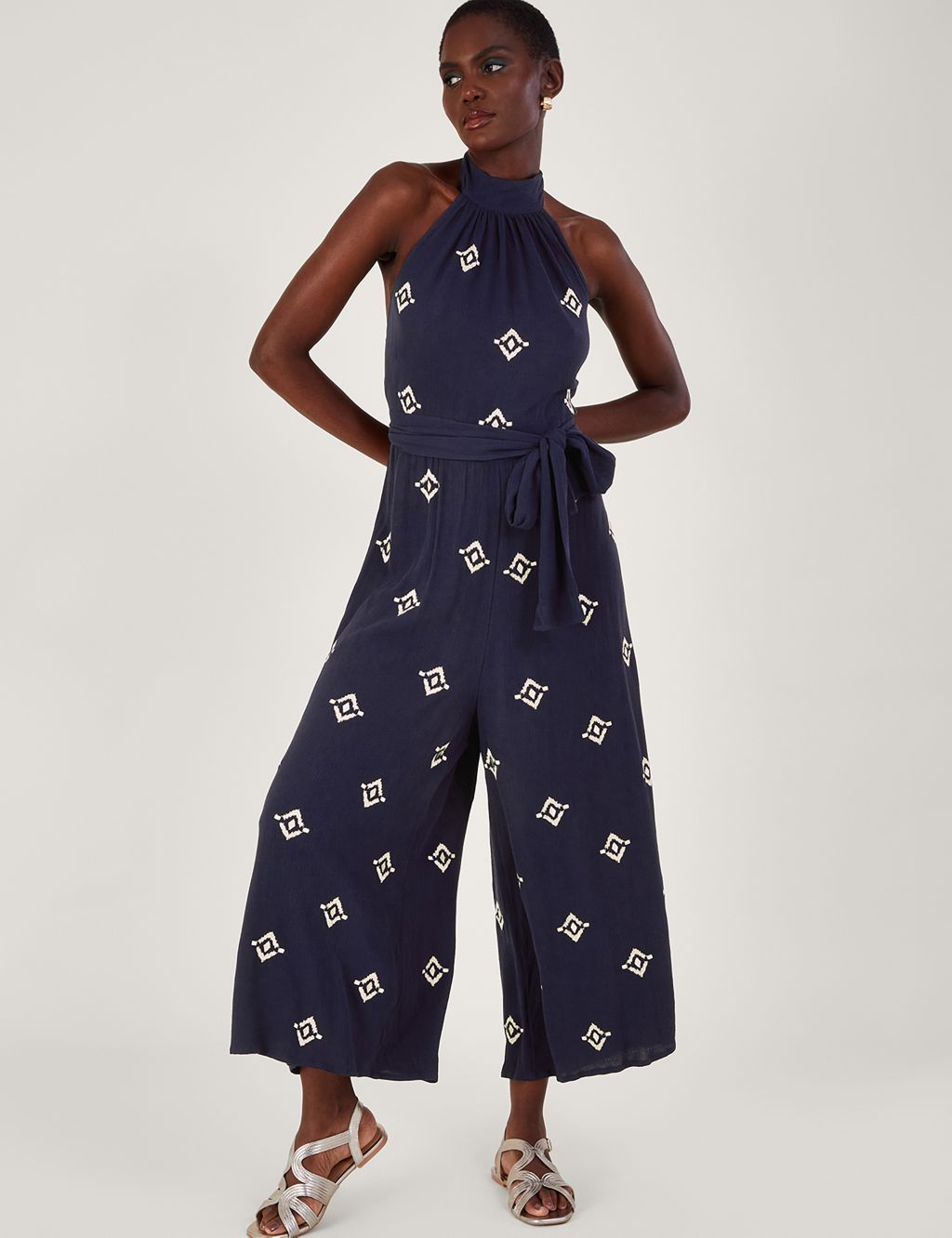 Embroidered Belted Sleeveless Jumpsuit image 1