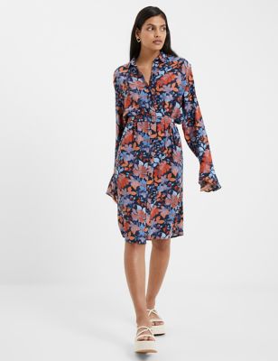 French Connection Womens Floral Belted Knee Length Shirt Dress - 18 - Blue Mix, Blue Mix