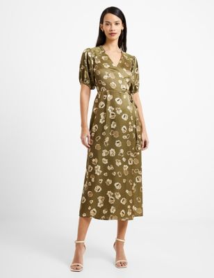 French Connection Womens Satin Floral V-Neck Midi Wrap Dress - 8 - Green Mix, Green Mix