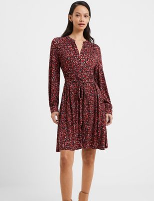 French Connection Womens Jersey Floral V-Neck Knee Length Shirt Dress - XS - Black Mix, Black Mix