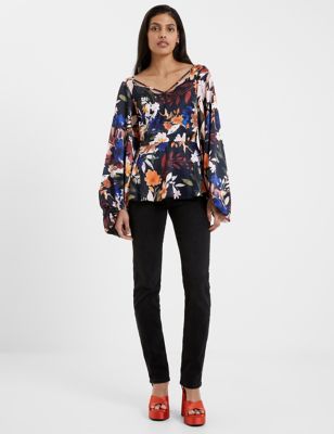 French Connection Women's Satin Floral Waisted Blouson Sleeve Blouse - 14 - Black Mix, Black Mix
