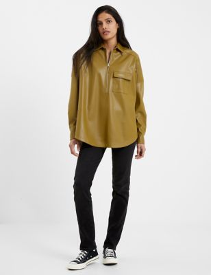 French Connection Womens Faux Leather Collared Relaxed Shirt - Green, Green