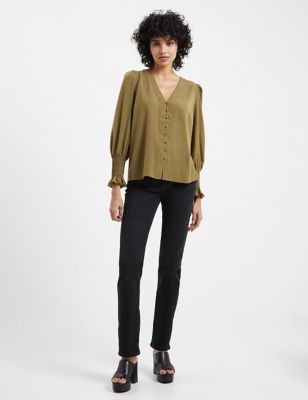 French Connection Womens Crepe V-Neck Relaxed Button Through Blouse - XS - Green, Green