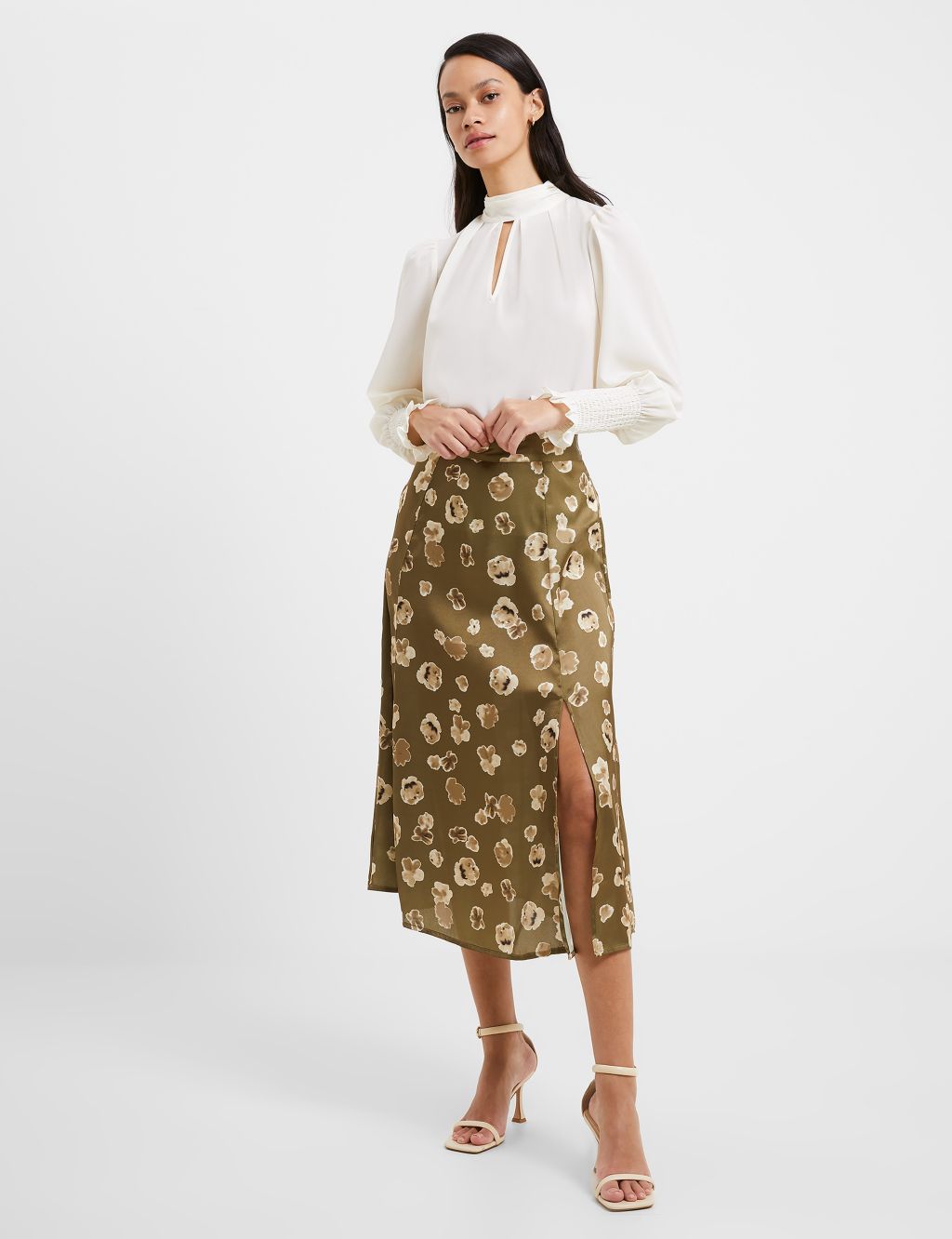 Satin Floral Midi Split Front A-Line Skirt