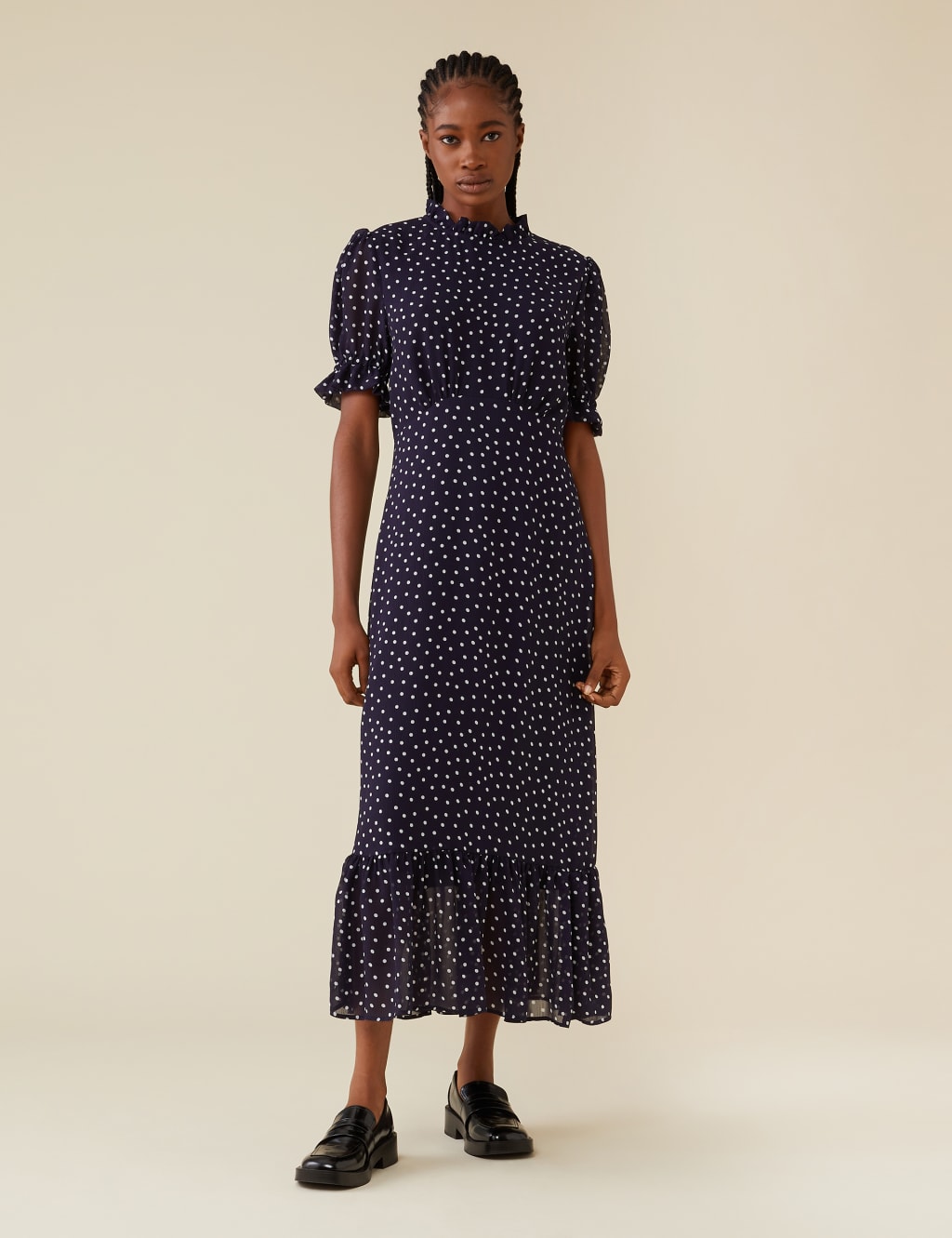 Polka Dot High Neck Midaxi Smock Dress