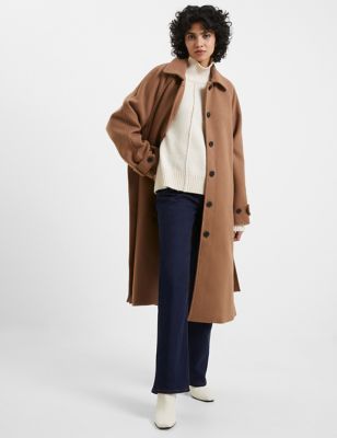 French Connection Womens Belted Collared Longline Coat with Wool - S - Brown, Brown