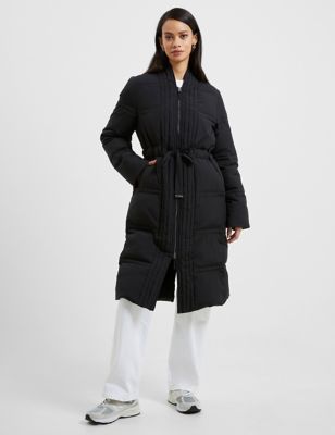 French Connection Womens Quilted Waisted Longline Puffer Coat - Black, Black