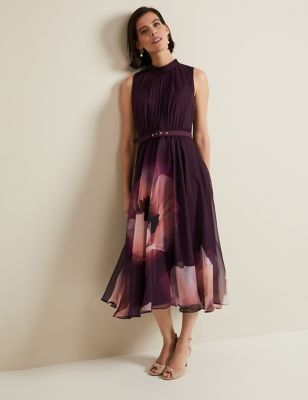 Phase Eight Womens Floral Midi Tea Dress - 18 - Purple Mix, Purple Mix