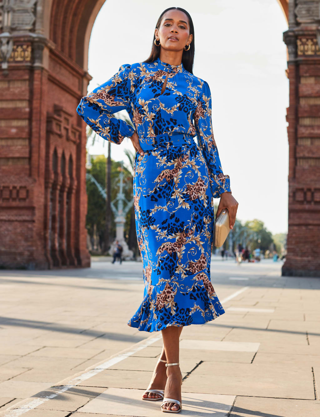 Printed High Neck Belted Midi Waisted Dress image 2