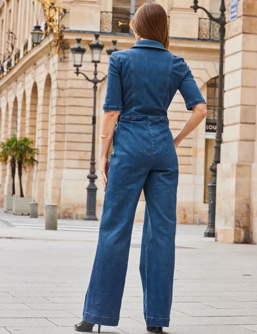 Denim Short Sleeve Wide Leg Jumpsuit image 3