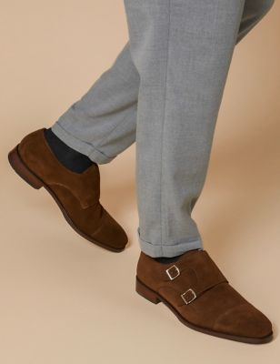 Jones Bootmaker Men's Suede Double Monk Strap Shoes - 8 - Brown Suede, Brown Suede