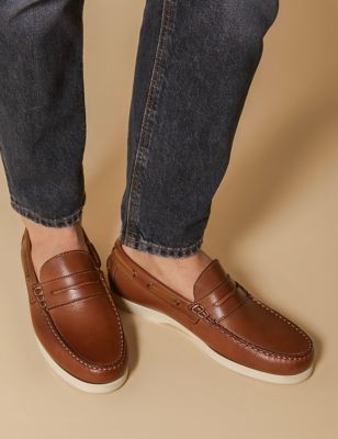 Jones Bootmaker Men's Leather Slip-On Loafers - 7 - Tan, Tan,Navy