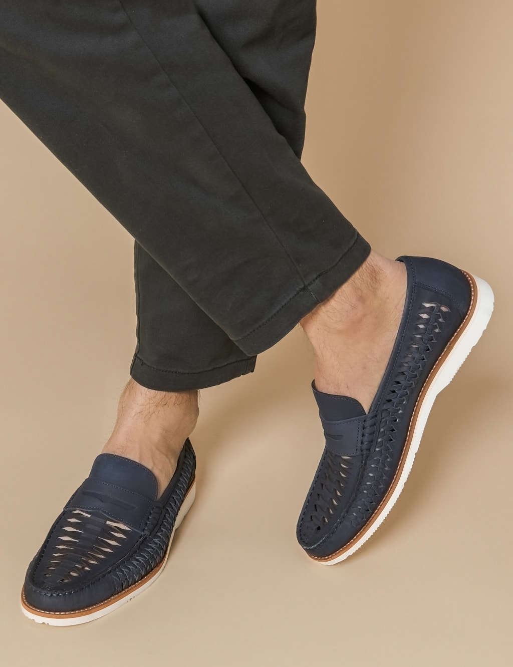 Navy Loafers Men Fabric Leather Slip On