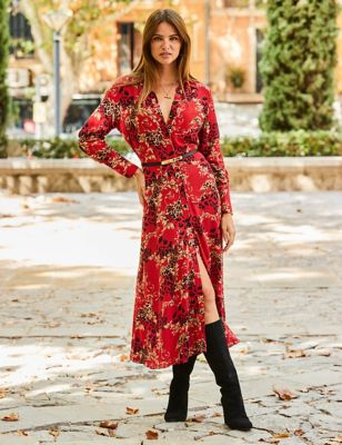 Sosandar Womens Floral Belted Midi Shirt Dress - 16 - Red Mix, Red Mix
