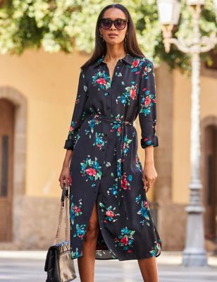 Sosandar Womens Floral Belted Midi Shirt Dress - 14 - Black Mix, Black Mix