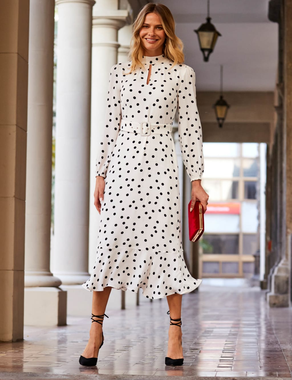 Polka Dot High Neck Midi Skater Dress