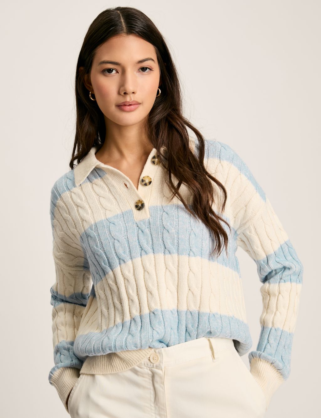 Pure Cotton Cable Knit Striped Collared Jumper