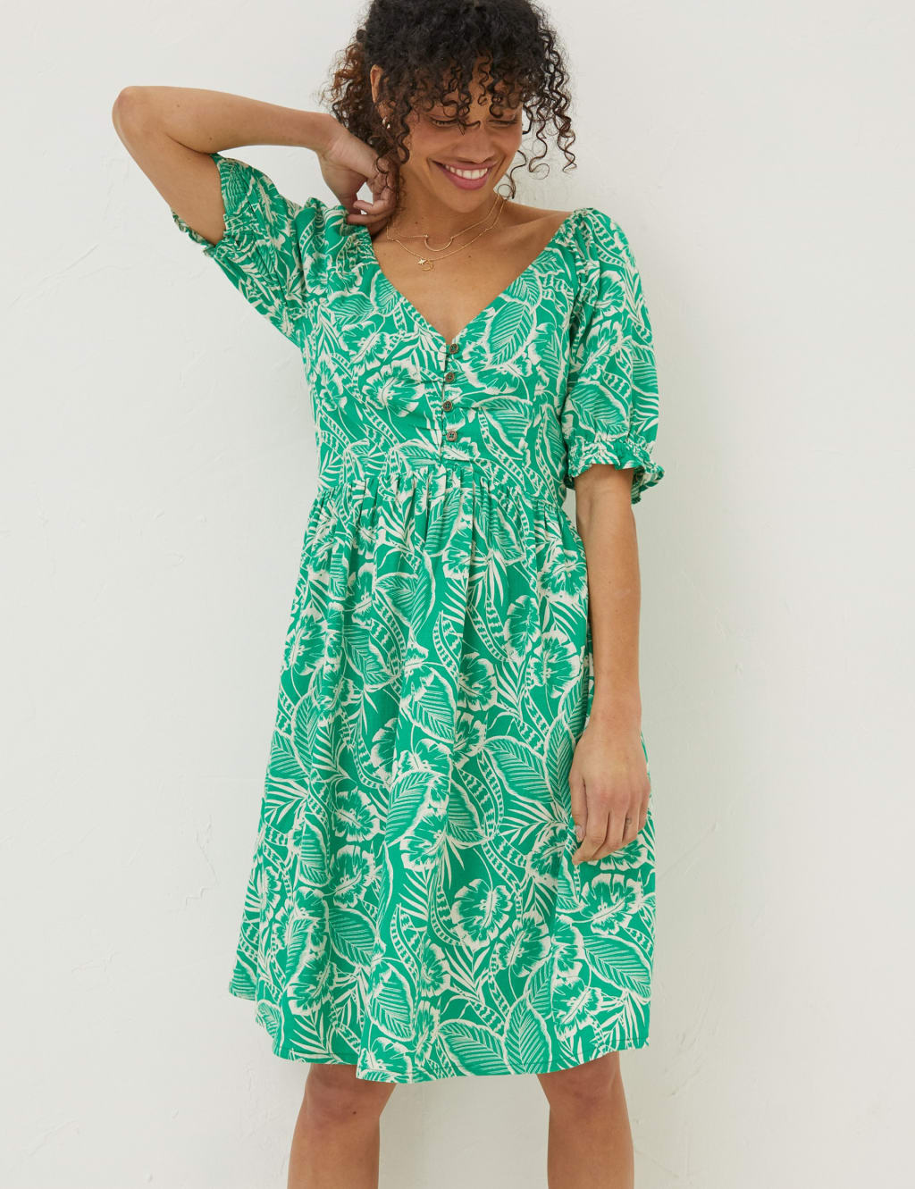 Linen Rich Leaf Print V-Neck Skater Dress image 1