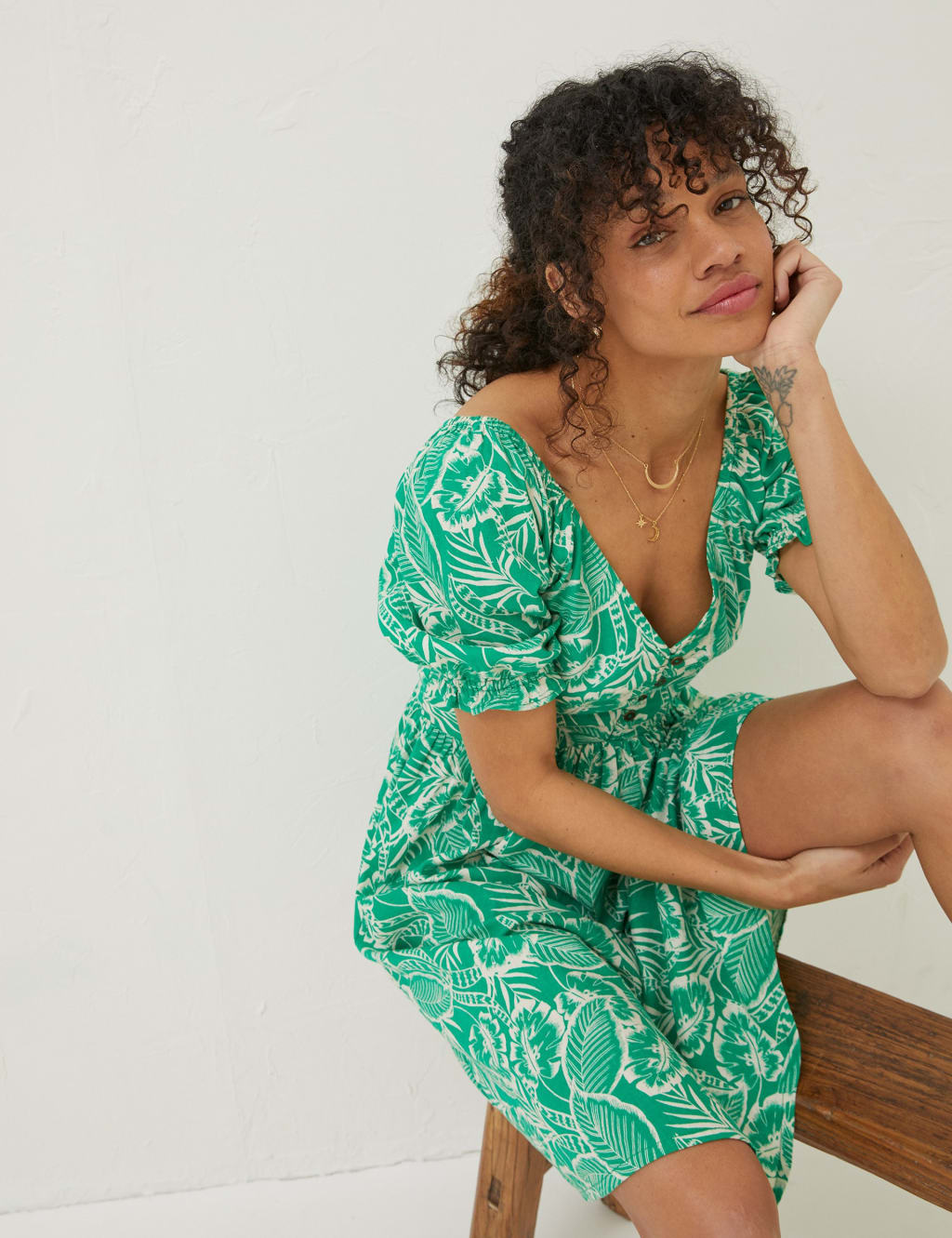 Linen Rich Leaf Print V-Neck Skater Dress image 5