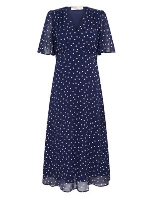 M&S Finery London Womens Polka Dot Short Sleeve Midi Tea Dress
