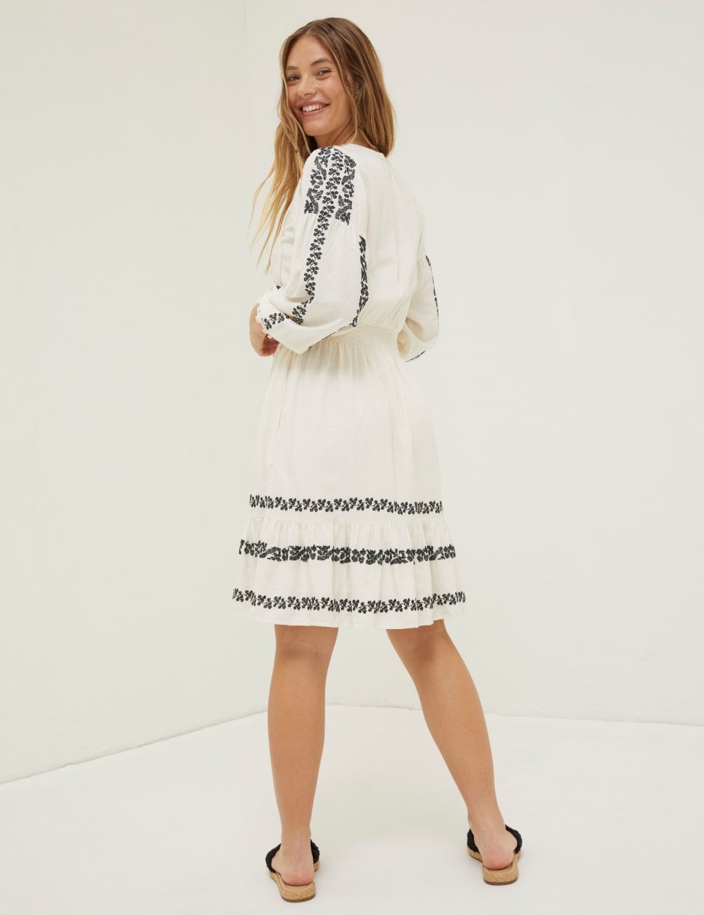 Cotton Blend Embroidered V-Neck Dress image 3