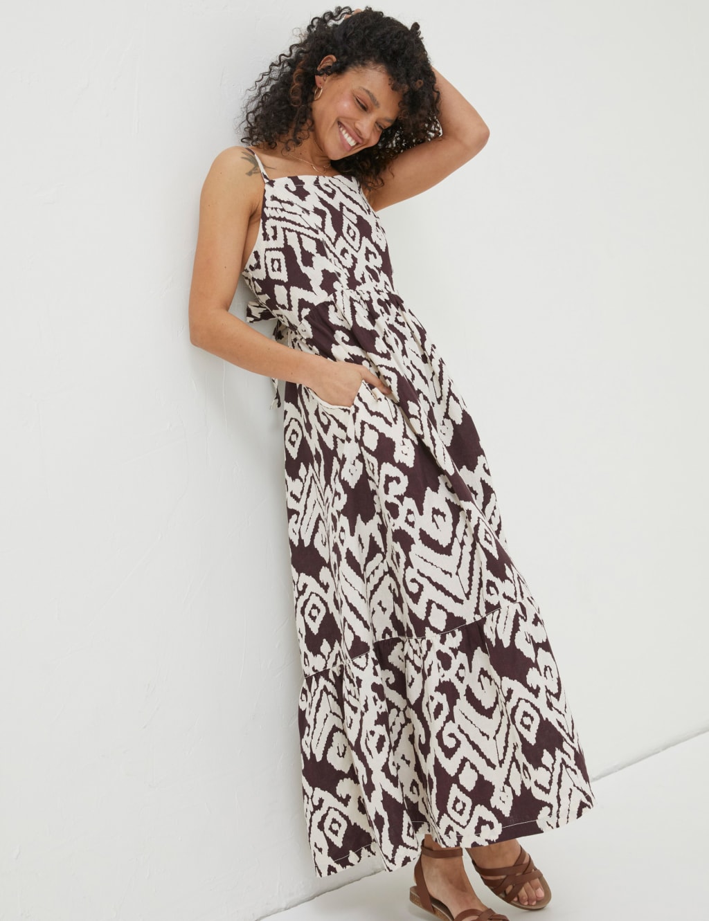 Pure Linen Printed Midaxi Waisted Dress image 1
