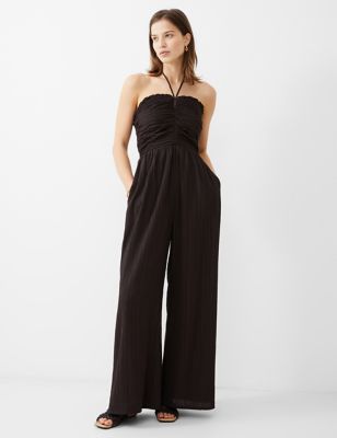French Connection Womens Textured Ruched Waisted Wide Leg Jumpsuit - 6 - Brown, Brown