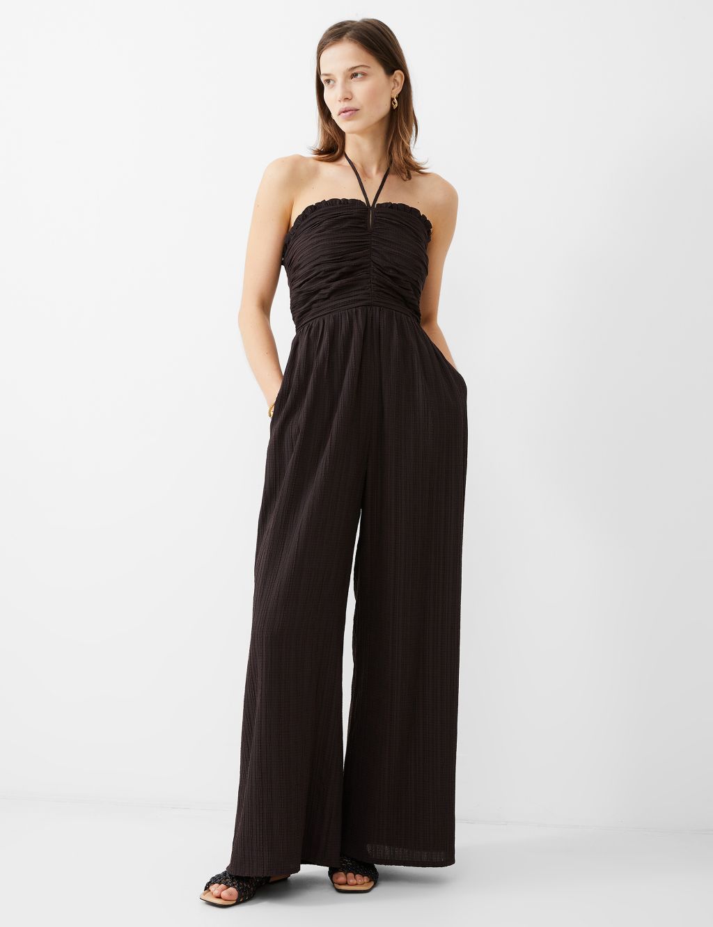 Textured Ruched Waisted Wide Leg Jumpsuit
