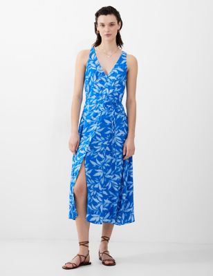 French Connection Women's Floral V-Neck Tie Waist Midi Skater Dress - 8 - Blue Mix, Blue Mix