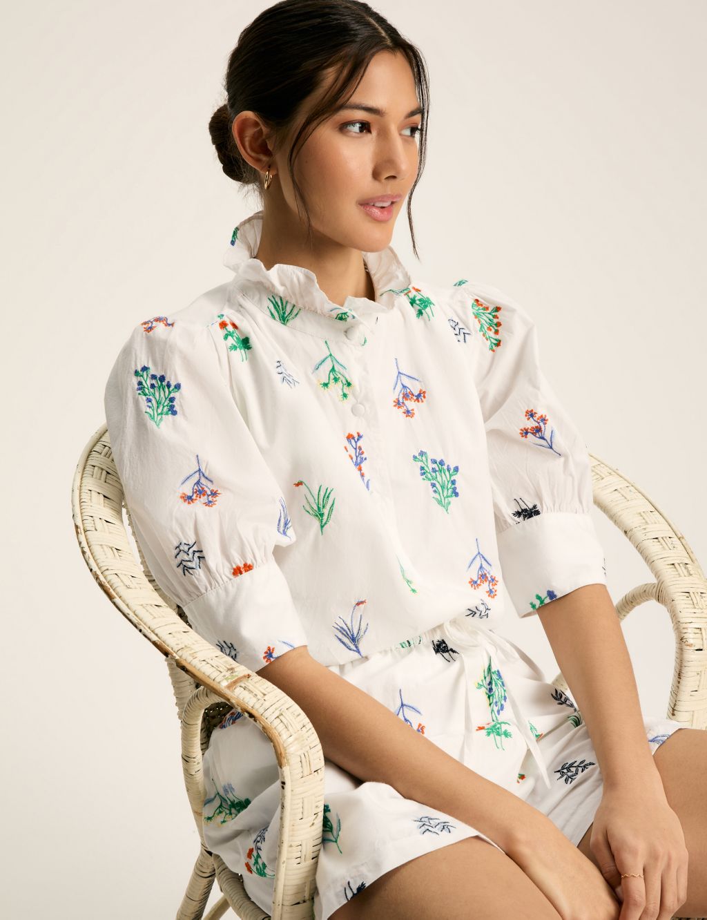 Pure Cotton Embroidered Frill Neck Blouse