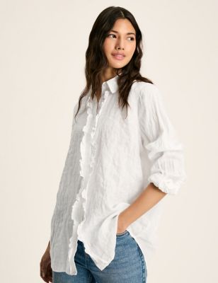 Joules Women's Pure Linen Collared Frill Detail Shirt - 8 - White, White