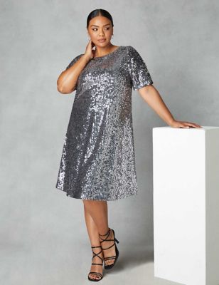 Live Unlimited London Womens Sequin Round Neck Knee Length Shift Dress - 24 - Grey, Grey
