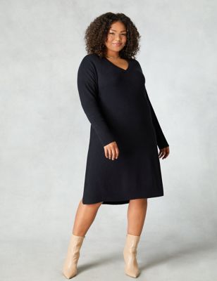 Live Unlimited London Womens Knitted V-Neck Relaxed Shift Dress - 20 - Black, Black