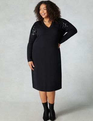 Live Unlimited London Womens Sequin Knitted V-Neck Shift Dress - 20 - Black, Black