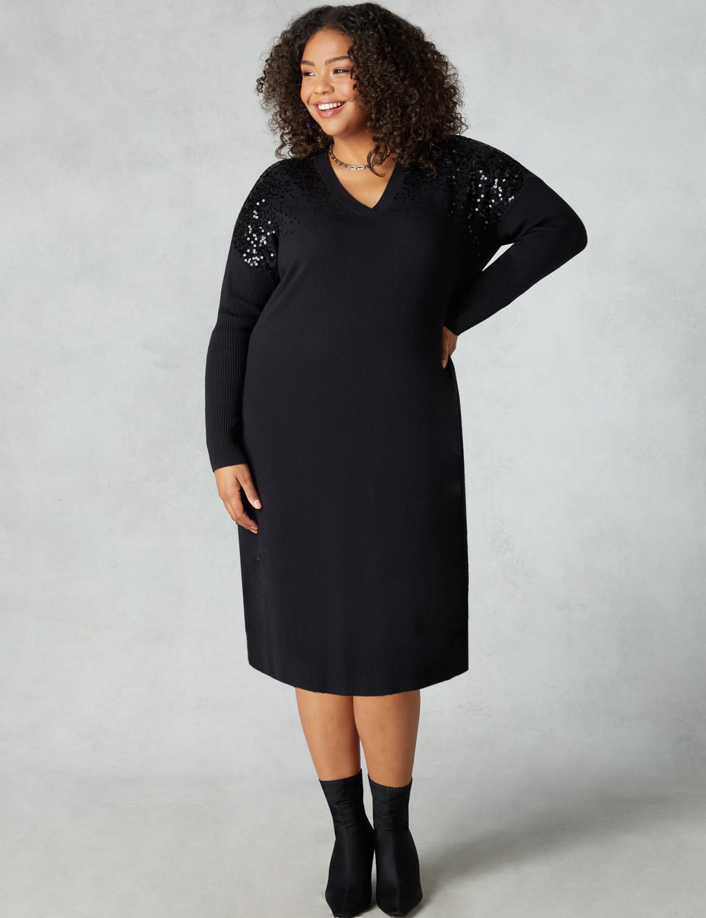 Sequin Knitted V-Neck Shift Dress image 1