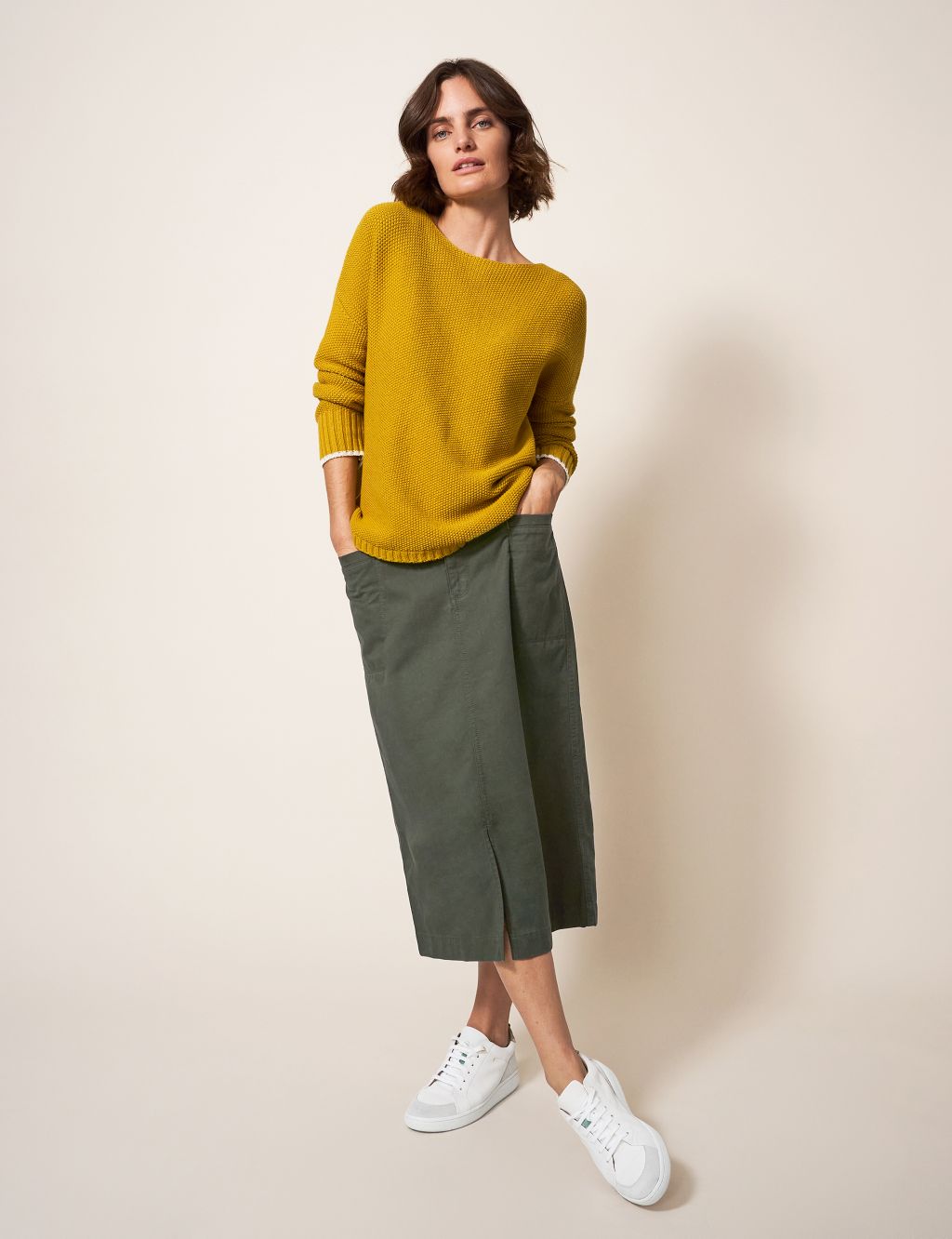 Cotton Blend Midi Pencil Skirt