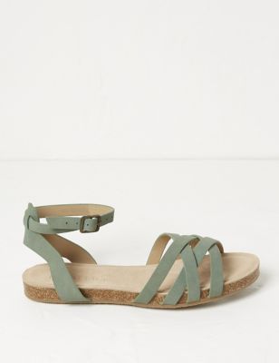 Fatface Women's Leather Ankle Strap Flat Sandals - 3 - Green, Green,Tan