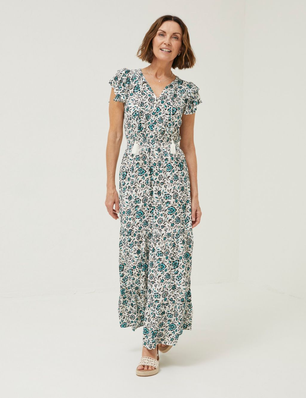 Floral Tie Neck Shirred Maxi Tiered Dress image 1