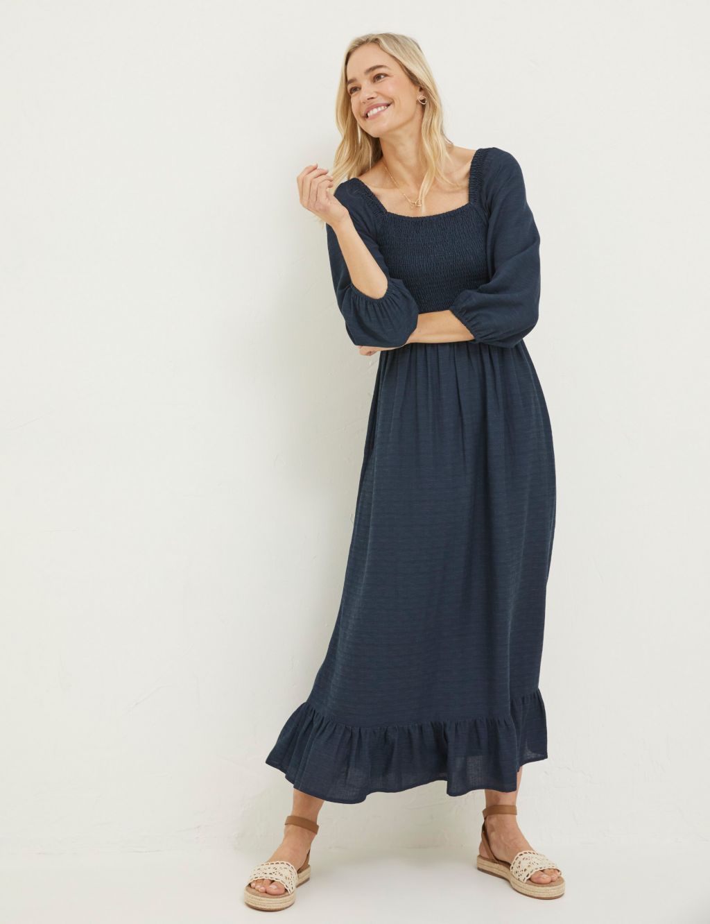 Textured Midi Tiered Dress with Linen image 1