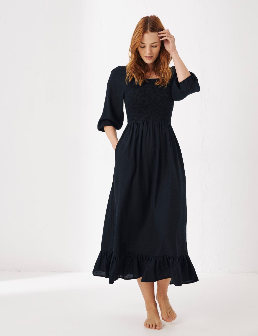 Textured Midi Tiered Dress with Linen