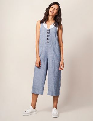 White Stuff Womens Pure Linen Button Front Cropped Dungarees - 12 - Blue, Blue