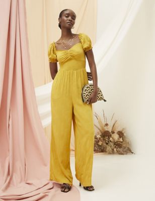 Fatface Women's Jacquard Short Sleeve Wide Leg Jumpsuit - 6LNG - Yellow, Yellow