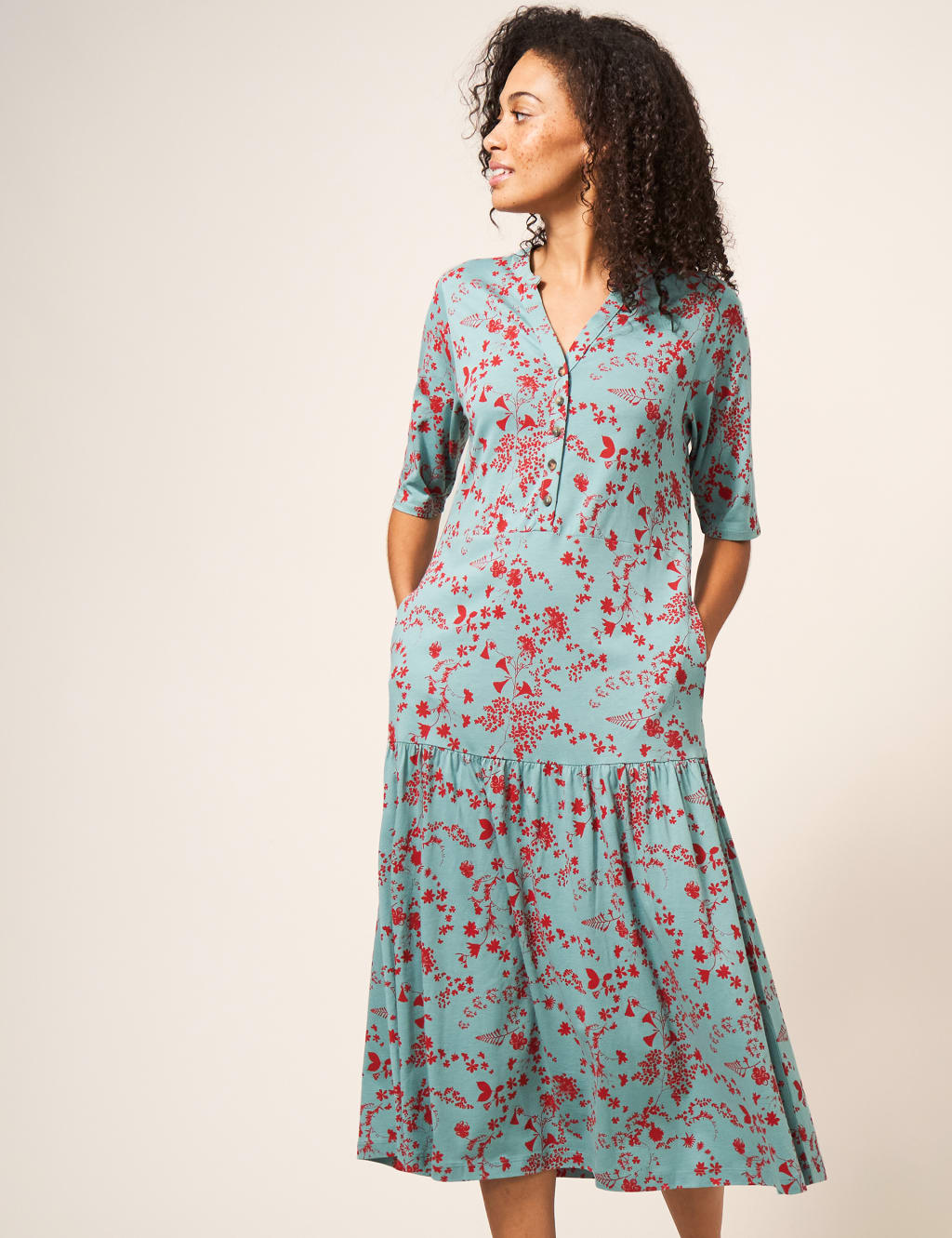 Jersey Floral V-Neck Midi Tiered Dress image 3