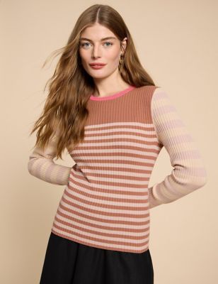 White Stuff Womens Cotton Rich Striped Crew Neck Jumper with Wool - 8 - Natural Mix, Natural Mix